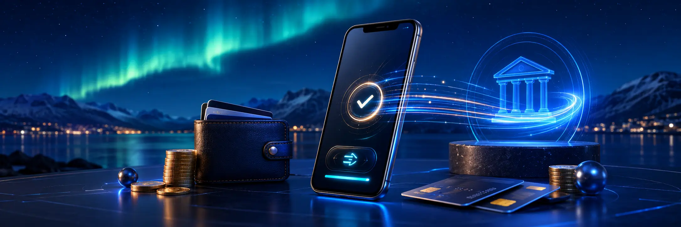 Kuvitus mobiilikasinosta, nopeasta maksusta ja turvallisesta kotiutuksesta
